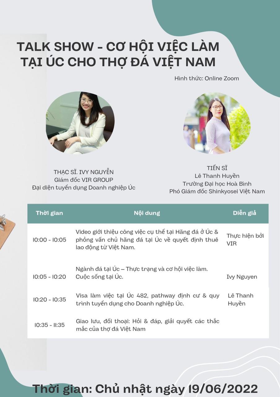 Thông Báo: Talk Show - Cơ Hội Việc Làm Tại Úc Cho Thợ Đá Việt Nam 19.06.2022